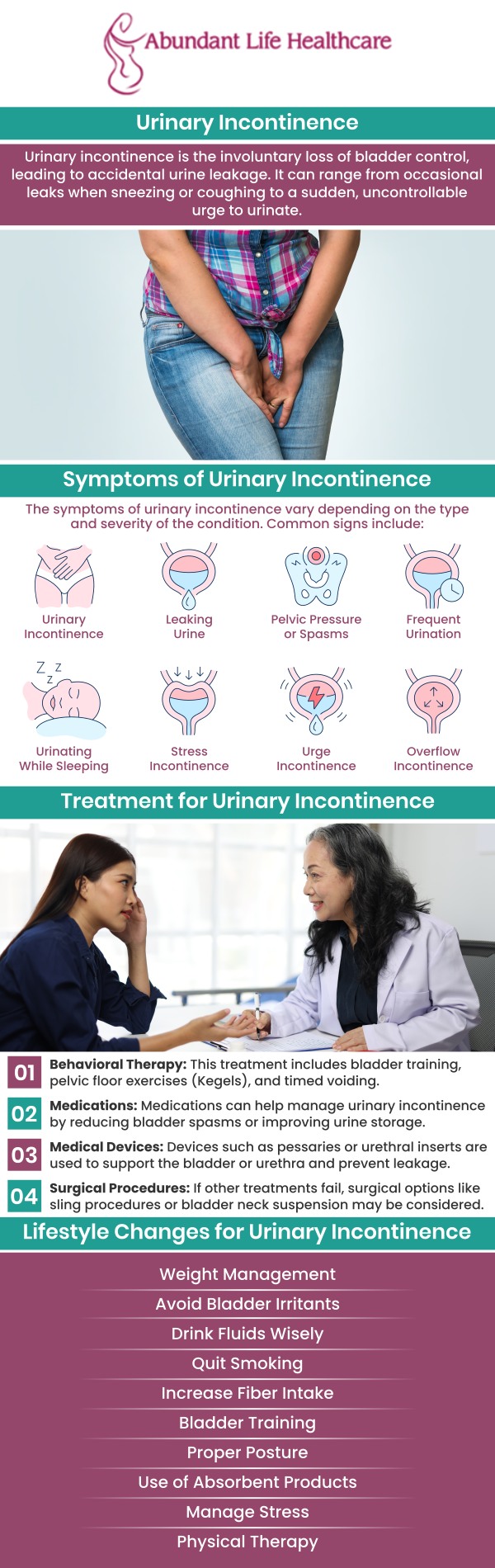 Urinary incontinence is a prevalent issue in which the bladder loses control. It occurs among the elderly, women who have undergone menopause, or given birth. The treatment options vary depending on the severity of the underlying cause. Dr. Marc Jean-Gilles, DO, FACOG at Abundant Life Healthcare may suggest dietary alterations, prescribe medication, or recommend surgery for repairing pelvic floor muscles. For more information, contact us today or book an appointment online. We are conveniently located at 601A Professional Drive, Suite 370, Lawrenceville, GA 30046. Urinary incontinence is a prevalent issue in which the bladder loses control. It occurs among the elderly, women who have undergone menopause, or given birth. The treatment options vary depending on the severity of the underlying cause. Dr. Marc Jean-Gilles, DO, FACOG at Abundant Life Healthcare may suggest dietary alterations, prescribe medication, or recommend surgery for repairing pelvic floor muscles. For more information, contact us today or book an appointment online. We are conveniently located at 601A Professional Drive, Suite 370, Lawrenceville, GA 30046.
