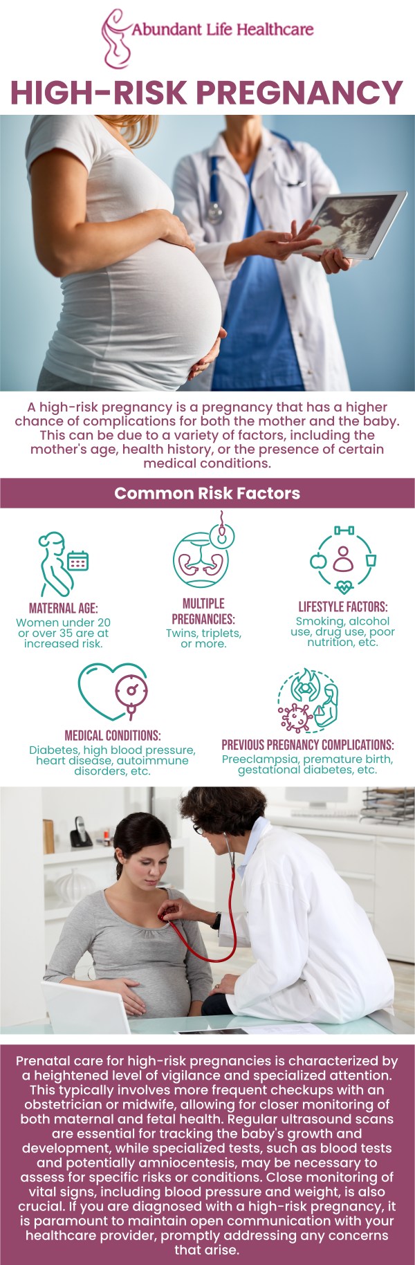 High-risk pregnancy refers to a pregnancy that involves increased risks for the mother, baby, or both. These risks can stem from various factors, including the mother's age, underlying health conditions (like diabetes or hypertension), pregnancy complications (like preeclampsia or gestational diabetes), or the baby's development. At Abundant Life Healthcare, Dr. Marc Jean Gilles, DO, FACOG, provides prenatal care for identifying and managing high-risk pregnancies, ensuring the best possible outcomes for both mother and child. For more information, contact us or schedule an appointment online. We are conveniently located at 601A Professional Drive, Suite 370, Lawrenceville, GA 30046. High-risk pregnancy refers to a pregnancy that involves increased risks for the mother, baby, or both. These risks can stem from various factors, including the mother's age, underlying health conditions (like diabetes or hypertension), pregnancy complications (like preeclampsia or gestational diabetes), or the baby's development. At Abundant Life Healthcare, Dr. Marc Jean Gilles, DO, FACOG, provides prenatal care for identifying and managing high-risk pregnancies, ensuring the best possible outcomes for both mother and child. For more information, contact us or schedule an appointment online. We are conveniently located at 601A Professional Drive, Suite 370, Lawrenceville, GA 30046.