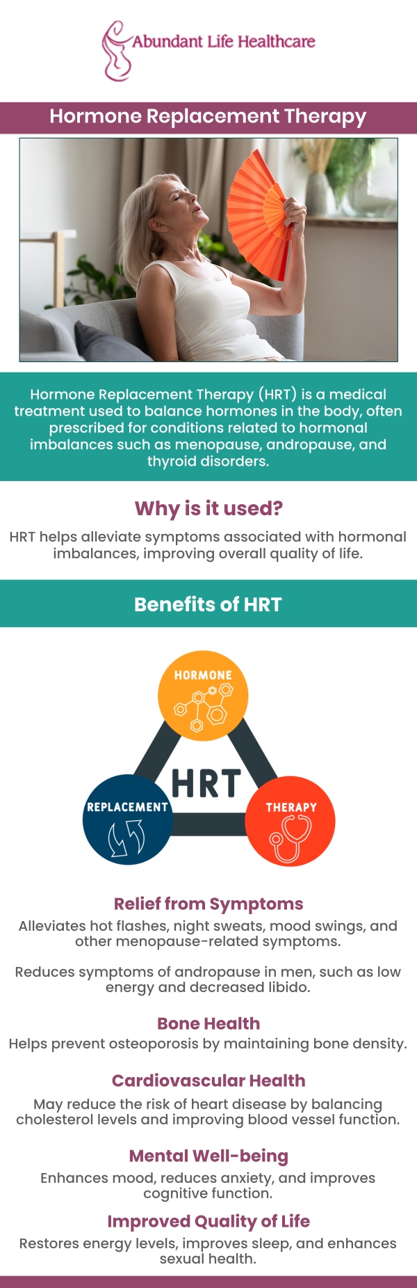 Hormone Replacement Therapy (HRT) helps relieve symptoms of hormone imbalances during menopause by adding hormones like estrogen and progesterone to the body. HRT can reduce hot flashes, improve mood swings, enhance sleep quality, prevent bone loss, and address vaginal dryness and skin elasticity. Visit Dr. Marc Jean-Gilles, DO, FACOG to create a personalized treatment plan and ensure it is safe and effective. For more information, contact us today or book an appointment online. We are conveniently located at 601A Professional Drive, Suite 370, Lawrenceville, GA 30046.