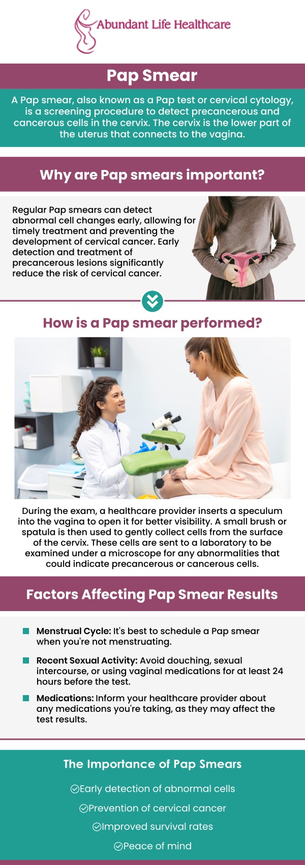 Pap smear is a technique used to screen women for cervical cancer. It collects cells from your cervix, which is the lower, thin end of your uterus near the top of your vagina. Detecting cervical cancer early with a Pap smear increases your chances of survival. Dr. Marc Jean-Gilles, DO, FACOG, provides pap smears at Abundant Life Healthcare. For more information, contact us or book an appointment online. We are conveniently located at 601A Professional Drive, Suite 370, Lawrenceville, GA 30046. Pap smear is a technique used to screen women for cervical cancer. It collects cells from your cervix, which is the lower, thin end of your uterus near the top of your vagina. Detecting cervical cancer early with a Pap smear increases your chances of survival. Dr. Marc Jean-Gilles, DO, FACOG, provides pap smears at Abundant Life Healthcare. For more information, contact us or book an appointment online. We are conveniently located at 601A Professional Drive, Suite 370, Lawrenceville, GA 30046.