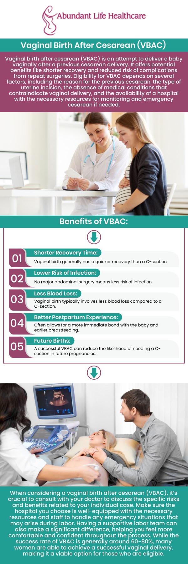 Vaginal birth after C-section (VBAC) is a childbirth option for women who have previously had a cesarean delivery. It involves attempting a vaginal birth instead of opting for a second C-section. Factors such as the reason for the previous C-section, the mother's health, and the baby's position in the uterus can influence the likelihood of a successful VBAC. Consult Dr. Marc Jean Gilles, DO, FACOG, at Abundant Life Healthcare to know if VBAC is the right option for you. For more information, contact us or schedule an appointment online. We are conveniently located at 601A Professional Drive, Suite 370, Lawrenceville, GA 30046. Vaginal birth after C-section (VBAC) is a childbirth option for women who have previously had a cesarean delivery. It involves attempting a vaginal birth instead of opting for a second C-section. Factors such as the reason for the previous C-section, the mother's health, and the baby's position in the uterus can influence the likelihood of a successful VBAC. Consult Dr. Marc Jean Gilles, DO, FACOG, at Abundant Life Healthcare to know if VBAC is the right option for you. For more information, contact us or schedule an appointment online. We are conveniently located at 601A Professional Drive, Suite 370, Lawrenceville, GA 30046.